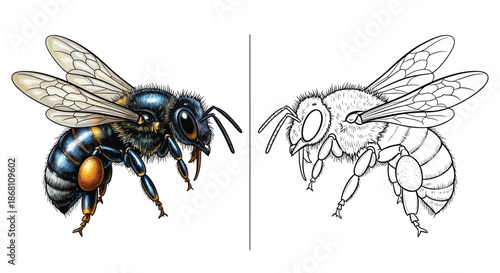 Honey Bee Anatomy Comparison Side by Side Colored and Line Art Scientific Display
