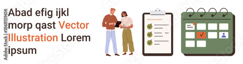 Project planning productivity teamwork organization schedule collaboration. Two people reviewing a checklist next to a calendar. Project planning and productivity illustrated through teamwork