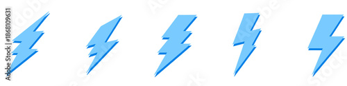 Collection of blue lightning bolt icons with modern geometric shapes and subtle depth. Clean electric energy symbols isolated on white background, perfect for technology, power, speed, innovation.