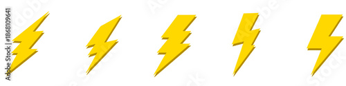 Set of bright yellow lightning bolt icons with bold geometric shapes and slight depth effect. Modern electric power symbols isolated on white background, ideal for energy concepts, electricity, speed.