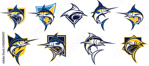 Marlin Fish Logo Vector Set with Dynamic Swordfish Emblems Esports Sports Mascot Illustration Collection