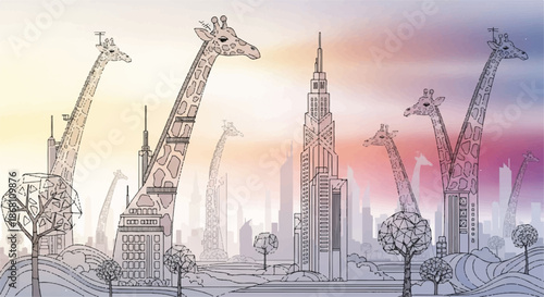 Surreal Sketch of Giraffes Standing next to Skyscrapers in Modern City