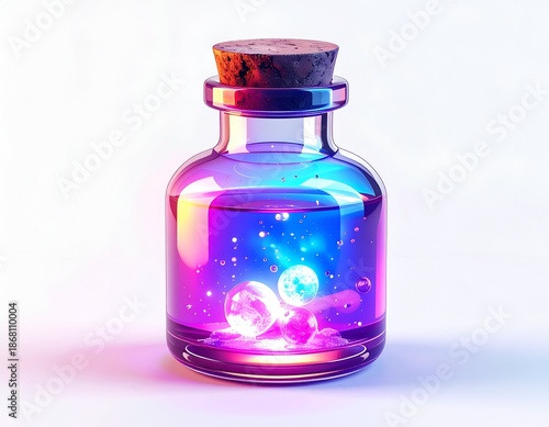 Glass bottle with glowing, colorful liquid and spheres, corked