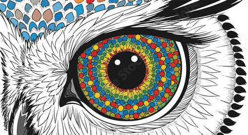 Close Up of a Bird Eye with Intricate Rainbow Mosaic Mandala Pattern Iris