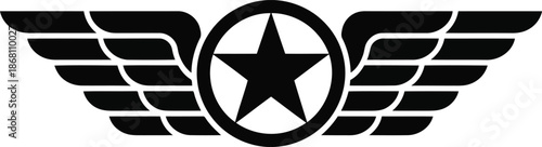 Black and white symbol featuring a prominent star centered within an oval and flanked by stylized wings