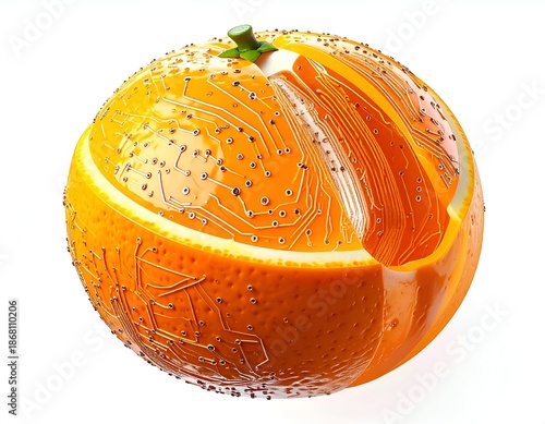 Hybrid orange with circuit board design, sliced to show inner workings