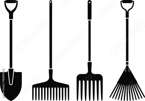 Black silhouettes of various garden tools including shovels and rakes displayed on a clean white background