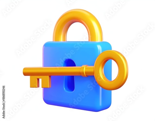 3D rendered, blue and gold padlock with key on white background
