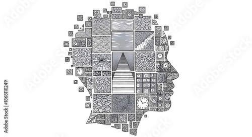 human head collage illustration symbolizing memory and imagination