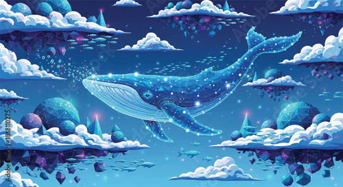 Majestic Glowing Blue Whale Flying through Starry Night Sky with Clouds