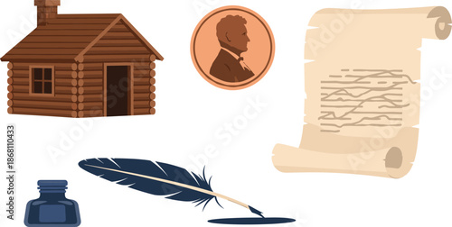 Vintage cabin and writing tools with Abraham Lincoln coin