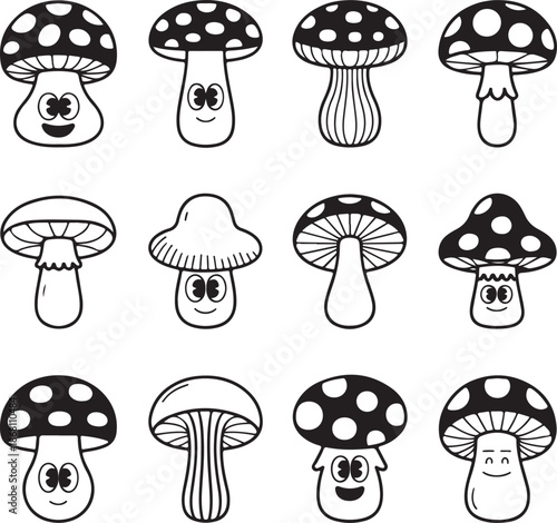 black and white cartoon mushroom illustrations