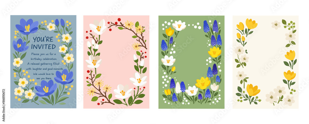 Naklejka premium クロッカスと季節の花(プリムラ、マンサク、節分草、ムスカリ)のフレームカードセット、Crocus and Seasonal Flowers Frame Card Set(Primrose, Witch Hazel, Setsubunsou, Muscari)