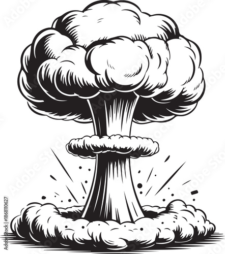 black and white illustration of a mushroom cloud explosion