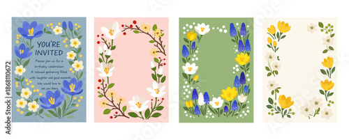 クロッカスと季節の花(プリムラ、マンサク、節分草、ムスカリ)のフレームカードセット、Crocus and Seasonal Flowers Frame Card Set(Primrose, Witch Hazel, Setsubunsou, Muscari)