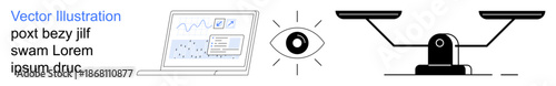 Data analysis, decision-making, visual insights, balance, monitoring, fairness. Laptop with analytics, an eye and a balance scale. Data analysis and decision-making