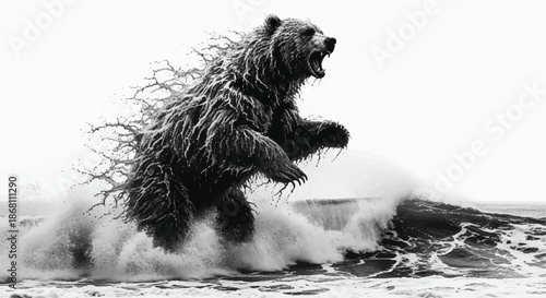 Powerful Bear Silhouette with Abstract Ethereal Fur Texture and Splashing Water