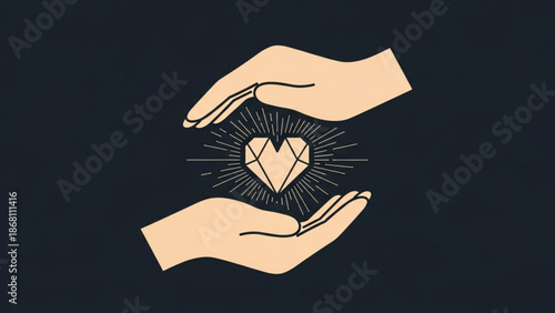 A vector graphic illustration of two hands cradling a heart with lines radiating from it