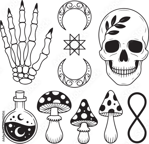 black and white illustration of mystical symbols and objects
