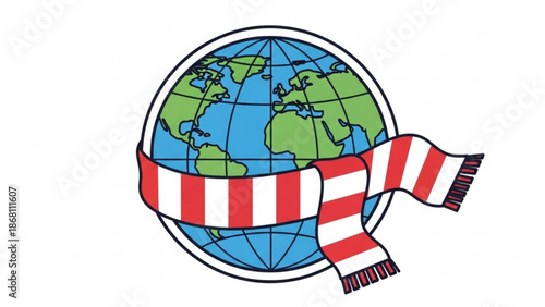 A vector graphic illustration of a globe wrapped in a red and white striped scarf