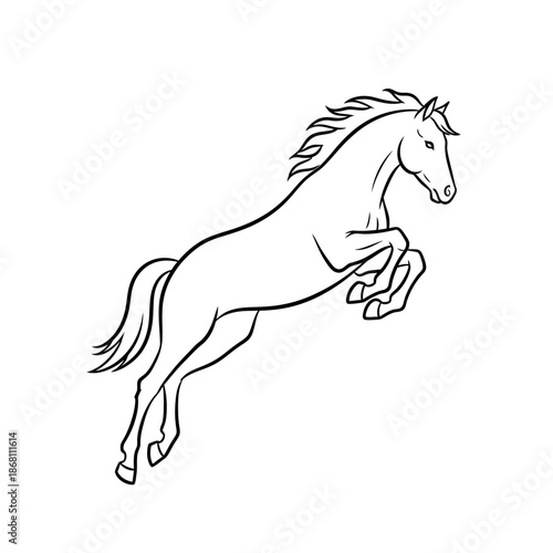 Black line art sketch of horse jumping side view. Dynamic vector illustration outline of equine animal leaping isolated on white background