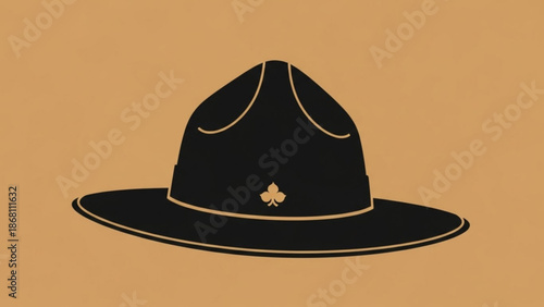 A minimalist vector illustration of a black scout hat with gold trim and emblem on a tan background
