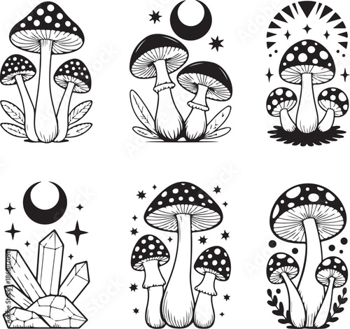 Black and white illustration of various mushroom designs with celestial elements