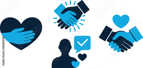 Collection of blue and black icons illustrating human connection, care, and partnership concepts