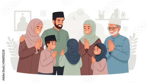 Happy Muslim family gathering for Eid celebration with warm greetings and joyous atmosphere