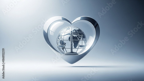 A heart-shaped icon featuring a globe with a scale, symbolizing justice and love.