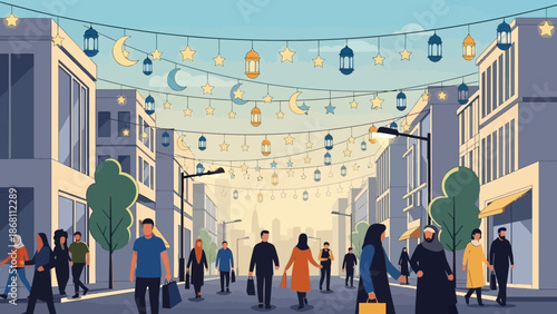 Festive City Street Scene with Hanging Lanterns and Crescent Moon Decorations, Diverse Crowd Enjoying a Special Cultural Gathering in the Evening