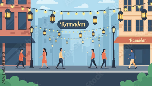 Street decorated with lanterns and Ramadan signs with people walking during the holy month