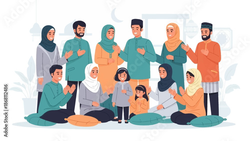Illustration of a Muslim family celebrating Eid, gathering for prayers and joy