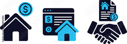 Collection of blue icons representing real estate, property sales, and financial transactions