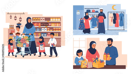 Family shopping for groceries and gifts, illustrating daily life and celebration