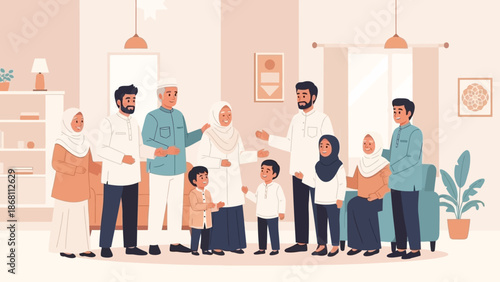 Joyful multi-generational Muslim family gathering indoors, celebrating togetherness and strong cultural bonds