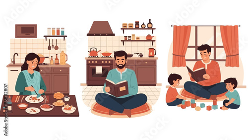 Family enjoying leisure activities together at home dining, reading, and playing