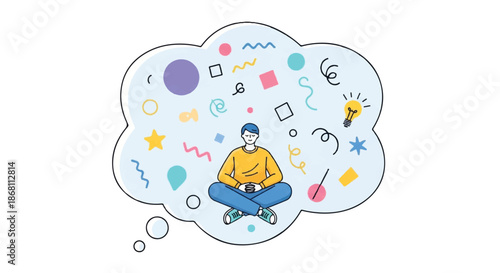 Young Person Meditating with Creative Brainstorming Cloud and Colorful Idea Icons Concept