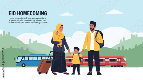 Family traveling together during Eid celebrations returning home from a trip