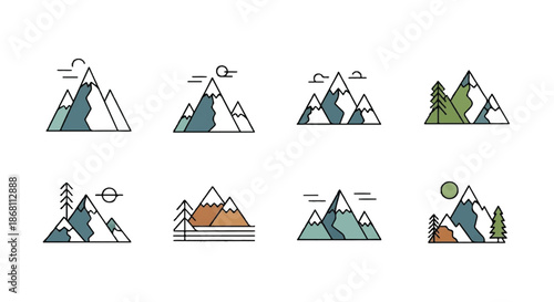 Minimalist Flat Design Mountain Landscapes Icon Set for Travel and Outdoor Adventure