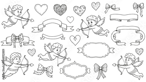 A collection of cherubic cupids and hearts in various poses and frames