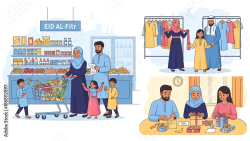 Family preparing for Eid al-Fitr shopping, gifting, and festive shopping