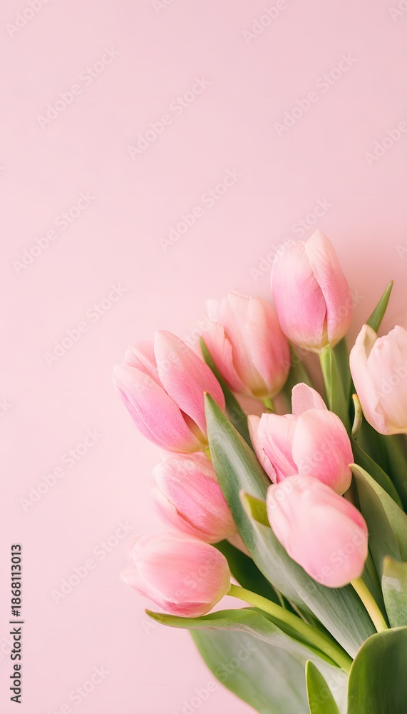 Naklejka premium Delicate pink tulips bloom softly on pastel background a floral banner design evokes springtime beauty