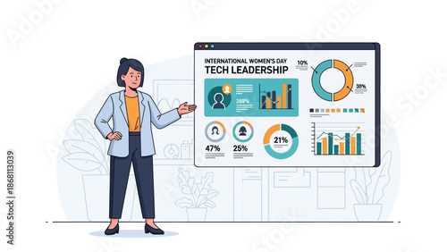 woman presenting tech leadership data with graphs and charts on a screen