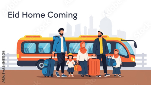 A happy Muslim family embarks on a bus journey, returning home with luggage for a festive holiday reunion against a city backdrop