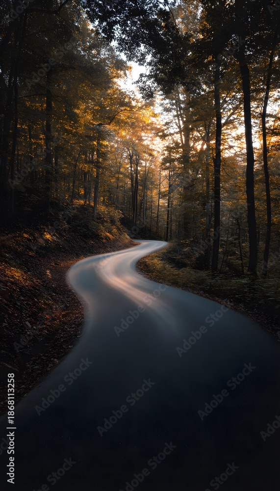 Fototapeta premium Autumn forest road a serene path bathed in golden sunset light evokes peaceful contemplation and wanderlust