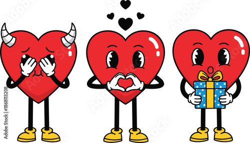 Vector Illustration of Cute Red Heart Mascots with Different Expressions Including a Shy Devil and Gift Giving Pose