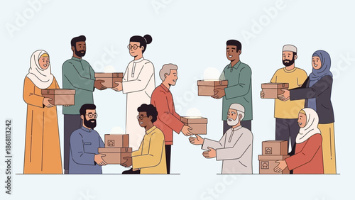 Diverse community members engage in a compassionate act of giving, sharing essential aid and fostering unity through collective support