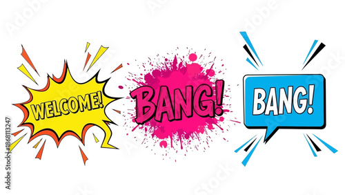 Vibrant comic style pop art collection featuring welcome and bang text in various expressive speech bubbles