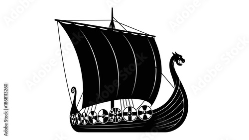 Black silhouette of a traditional viking longship with dragon head and shields